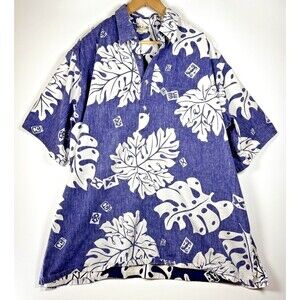 Vintage Go Barefoot Hawaiian Shirt Men 2XL Blue White Floral Leaf Aloha Popover
